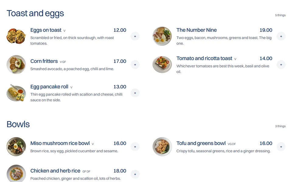 The menu in two columns, each dish with a small photo, its price and dietary marks