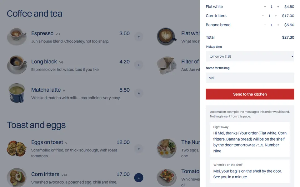 A pickup order open beside the menu, with the example messages written out