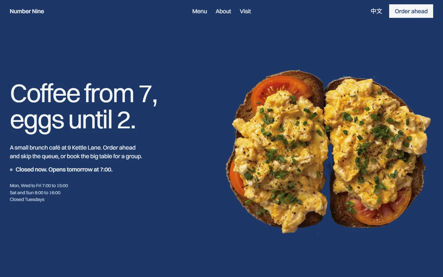 Number Nine home page: the headline Coffee from 7, eggs until 2 on navy, beside a large plate of scrambled eggs on toast
