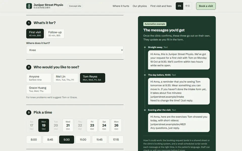 Booking form with times to pick, next to the messages the patient would receive