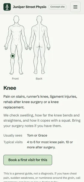 A body chart on a phone with the knee marked, what the clinic sees for knees, who to see and a button to book